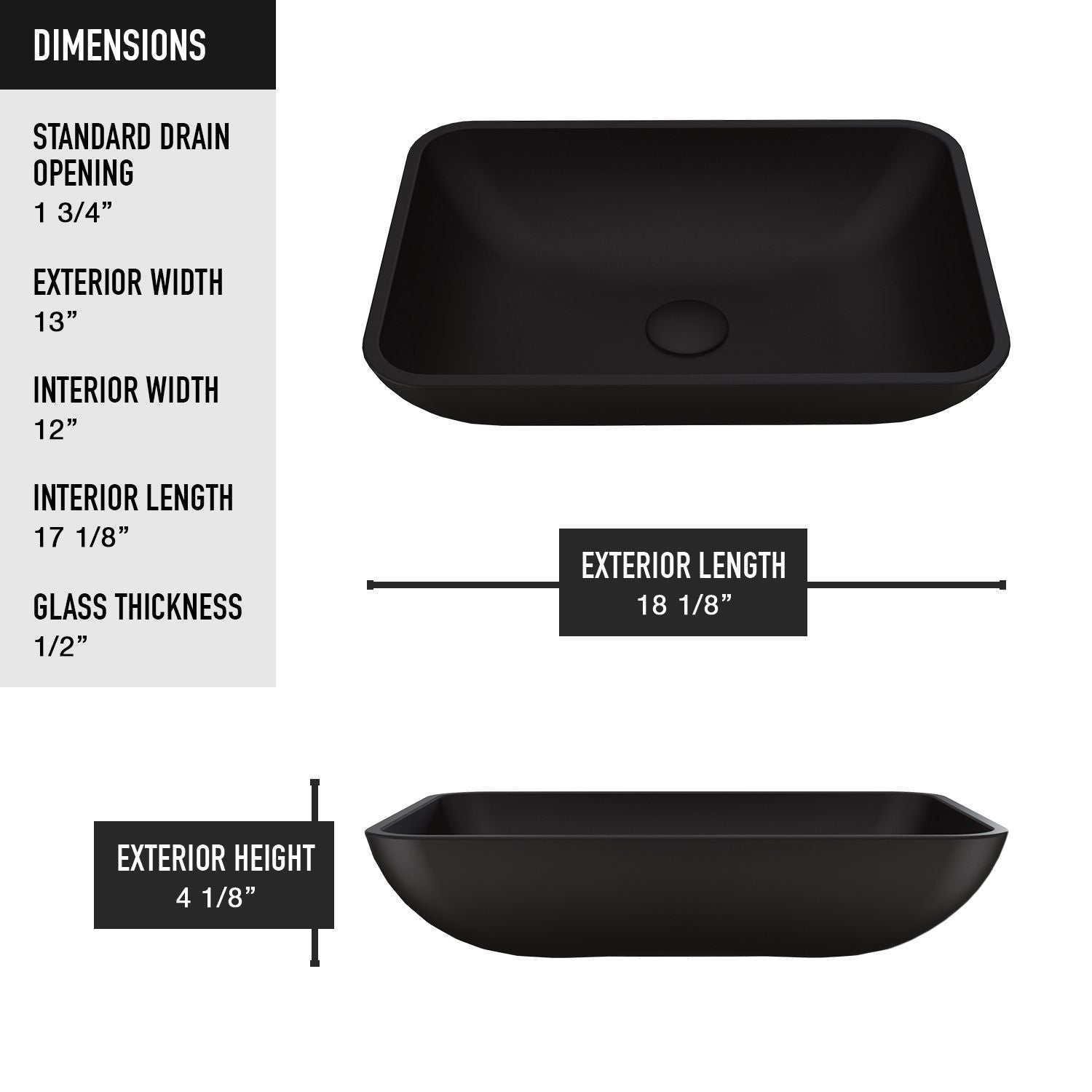VIGO Sottile MatteShell Rectangular Vessel Bathroom Sink/Basin with Deep Bowl, Black
