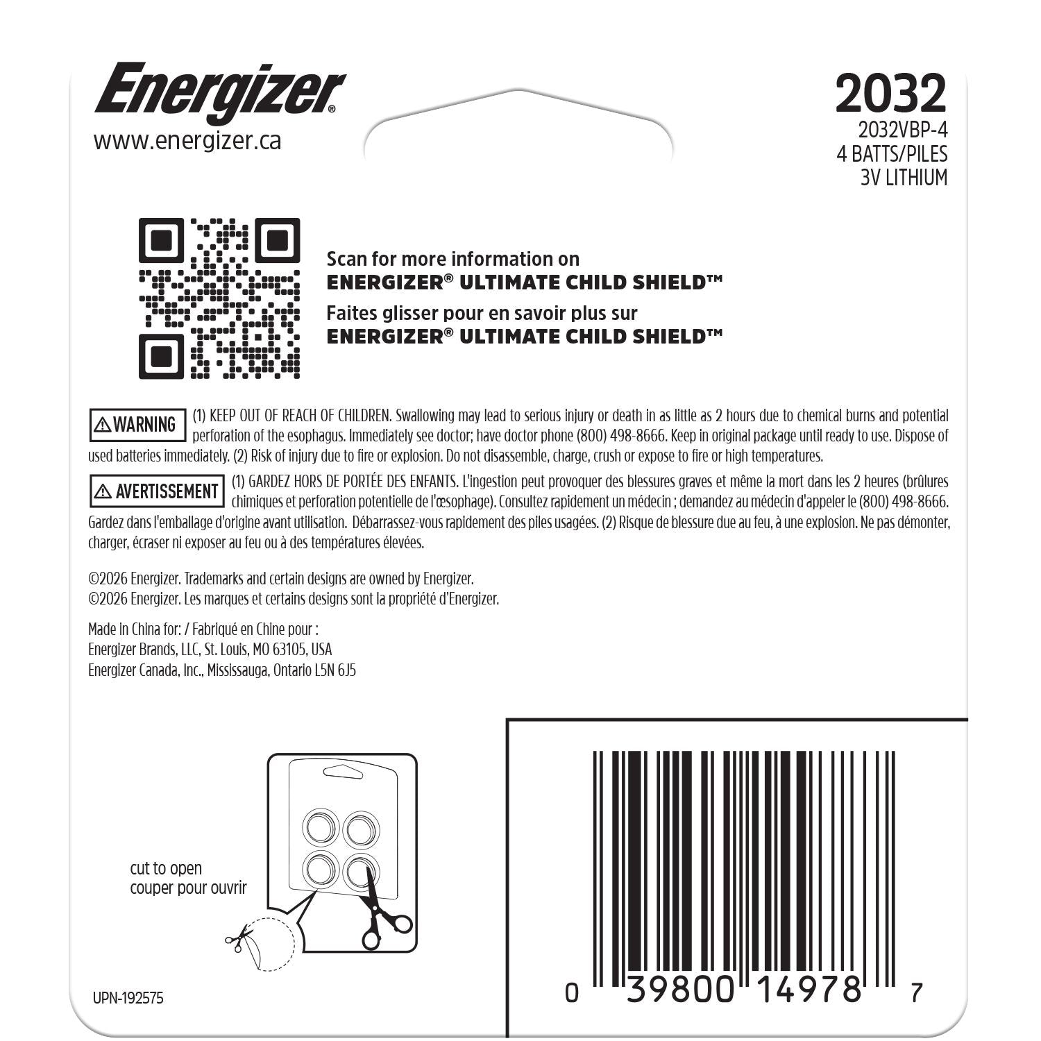 Energizer 2032 Child Shield Lithium Battery, 4-Pack