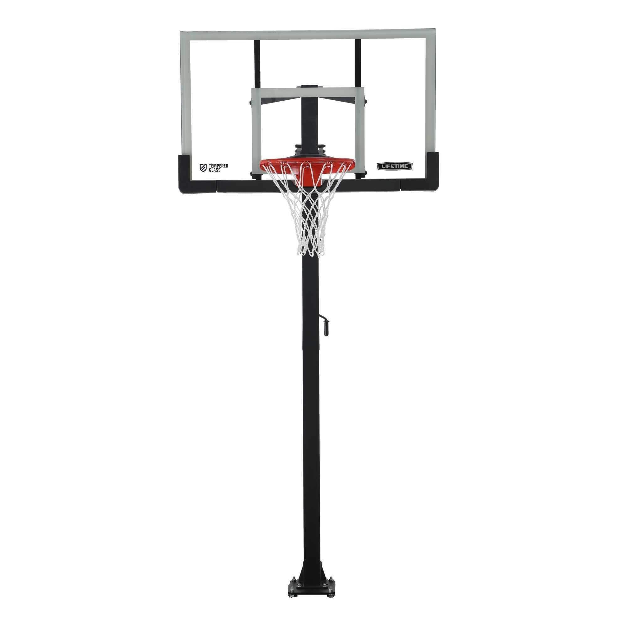 Lifetime Adjustable In-Ground Bolt Down Outdoor Basketball Hoop with 60-in Tempered Glass, Hoop & Net System