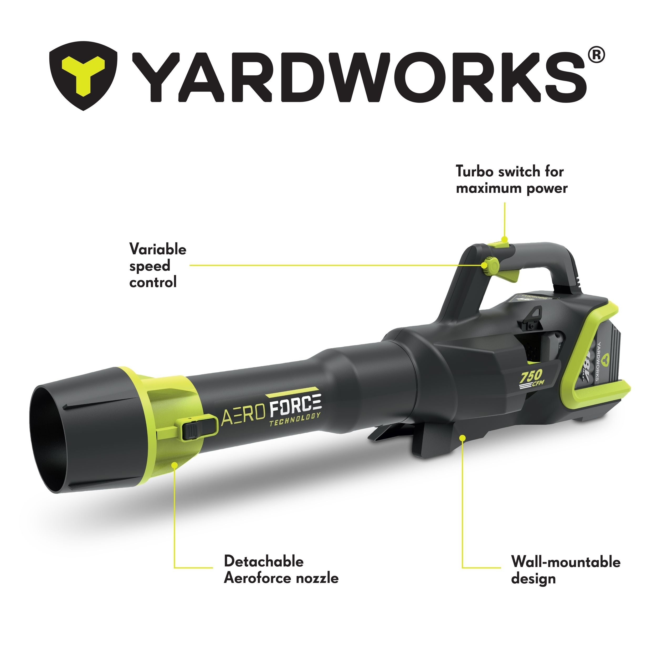 Yardworks 48V Lithium Ion Max Brushless AeroForce 2.0 750 CFM Leaf Blower Kit with (1) 4.0Ah Battery & (1) 2.0A Charger