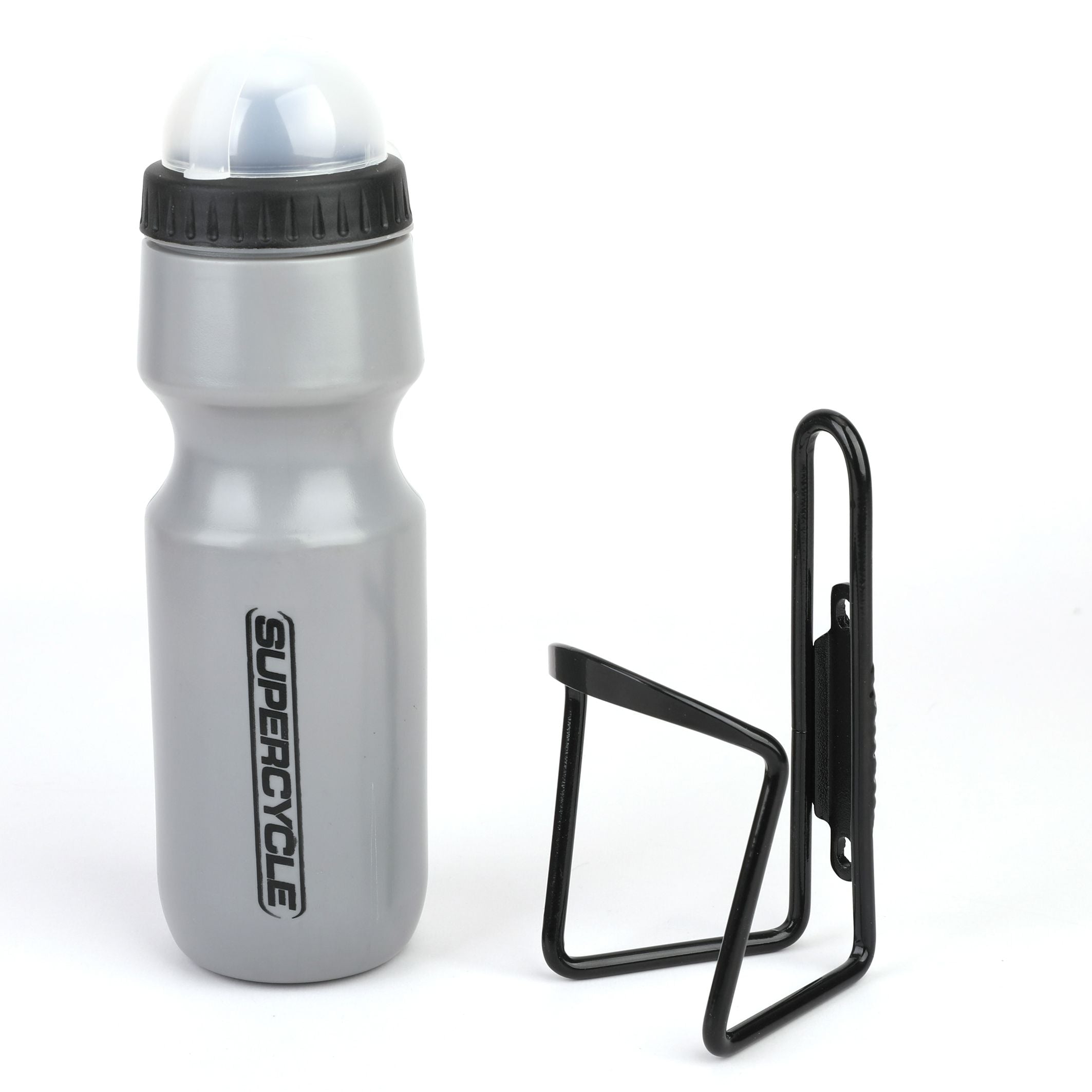 Supercycle Wide Mouth Self-Sealing Bike Water Bottle withCage/Holder, BPA Free, Silver, 21-oz