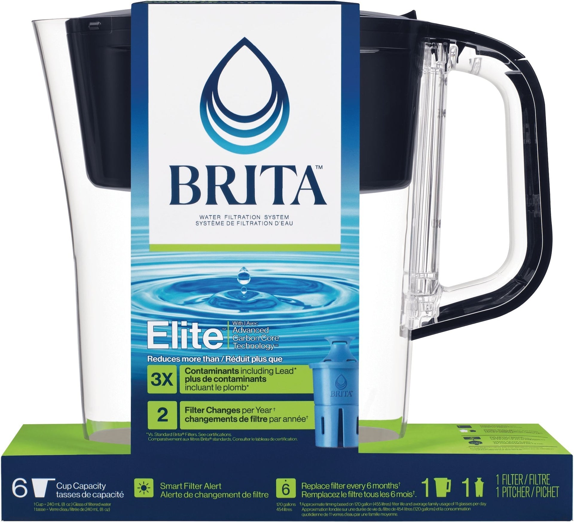 Brita Denali Water Filter Pitcher with Elite Filter, BPA Free, 6 Cup, Black