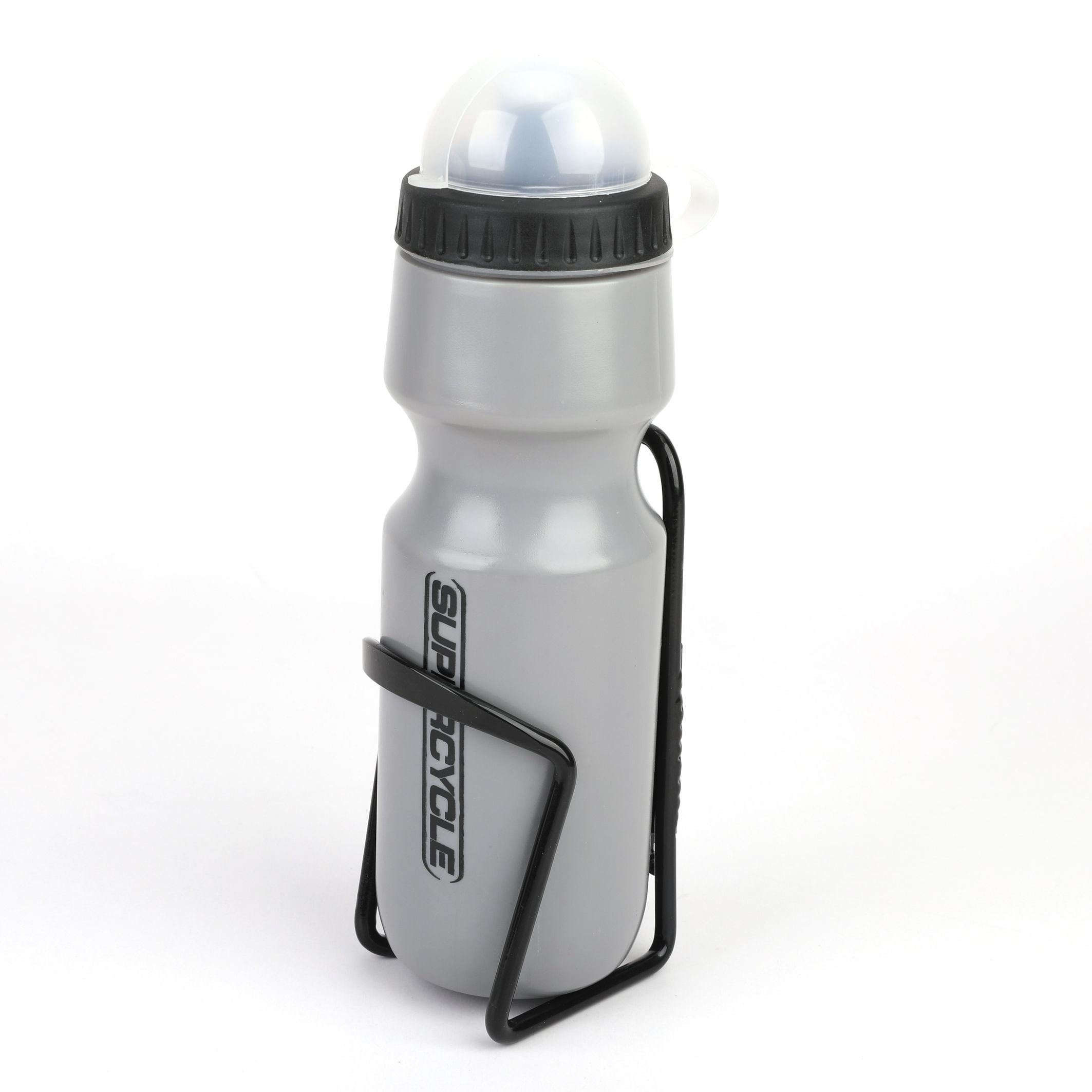 Supercycle Wide Mouth Self-Sealing Bike Water Bottle withCage/Holder, BPA Free, Silver, 21-oz